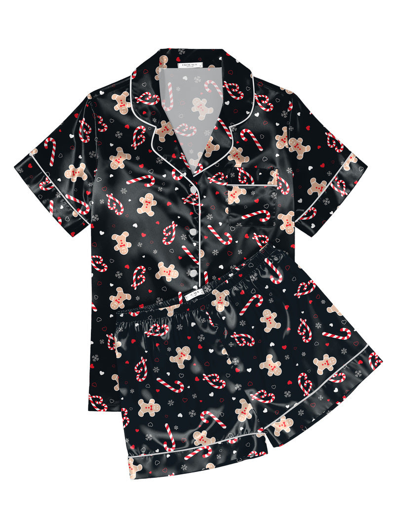 Printed Satin Short Sleeve Notch Collar Button Down Pajama Set