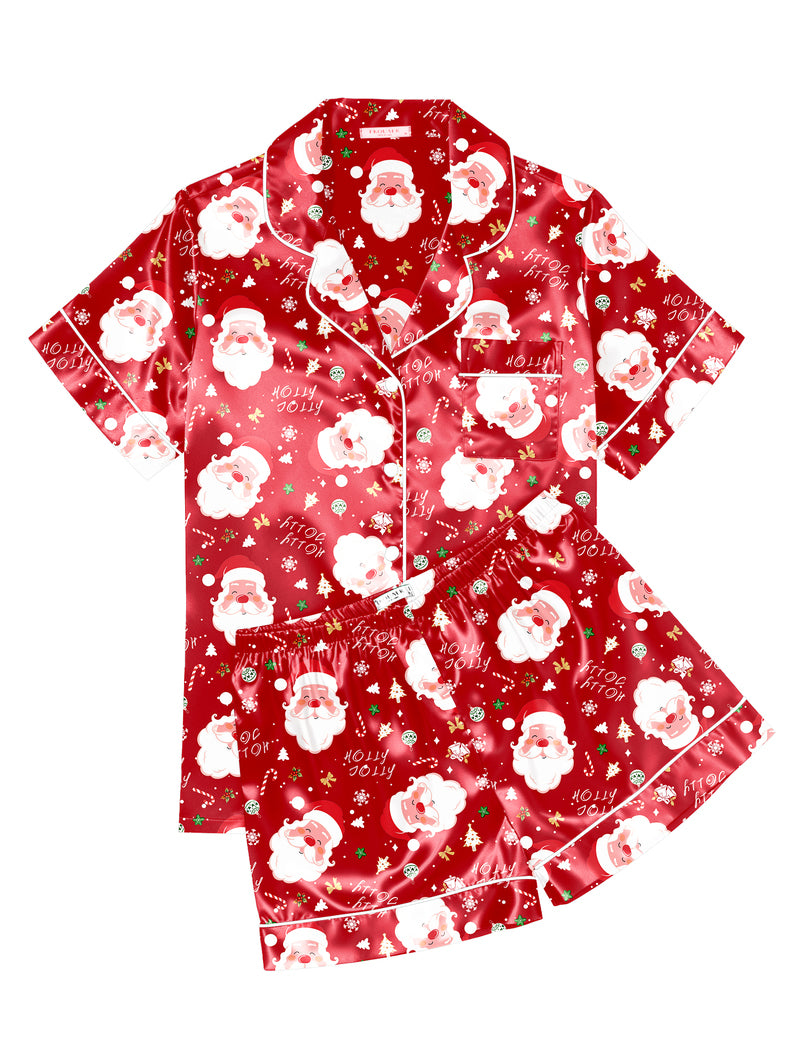 Printed Satin Short Sleeve Notch Collar Button Down Pajama Set