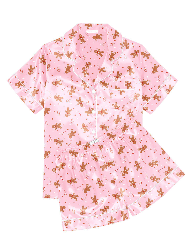 Printed Satin Short Sleeve Notch Collar Button Down Pajama Set