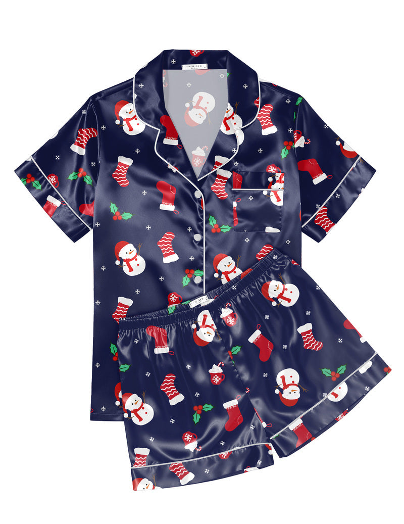 Printed Satin Short Sleeve Notch Collar Button Down Pajama Set