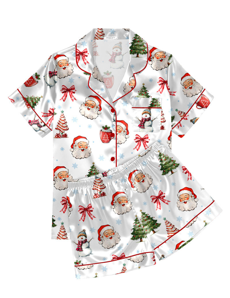 Printed Satin Short Sleeve Notch Collar Button Down Pajama Set