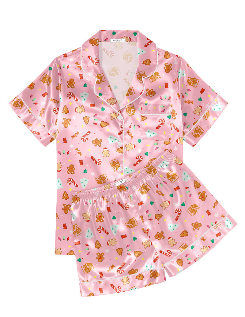 Printed Satin Short Sleeve Notch Collar Button Down Pajama Set