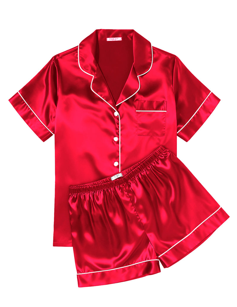 Printed Satin Short Sleeve Notch Collar Button Down Pajama Set