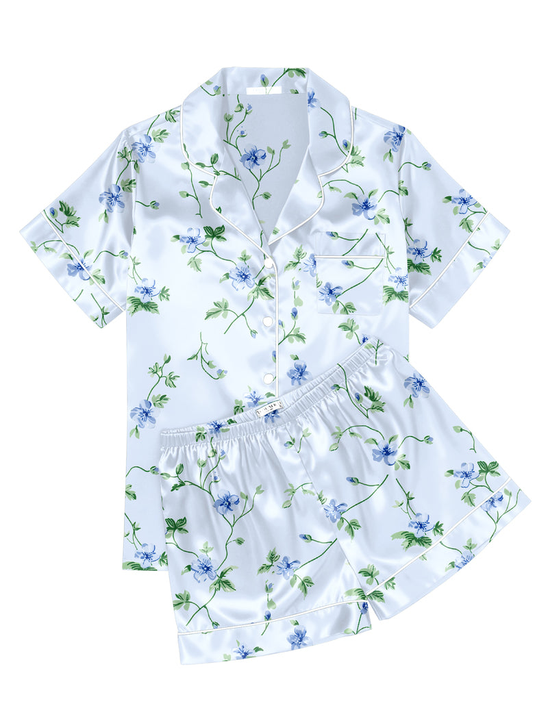 Printed Satin Short Sleeve Notch Collar Button Down Pajama Set