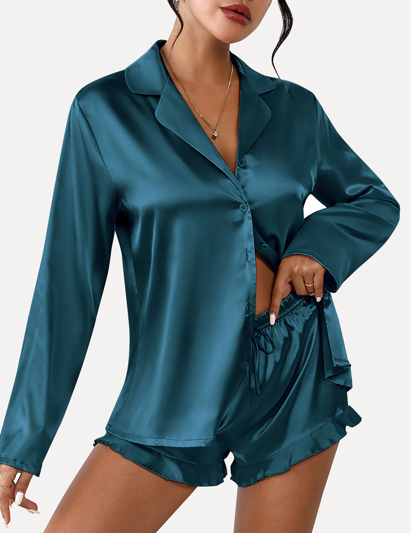 TEDDY Satin Ruffled Long Sleeve Pajama Set (US Only)