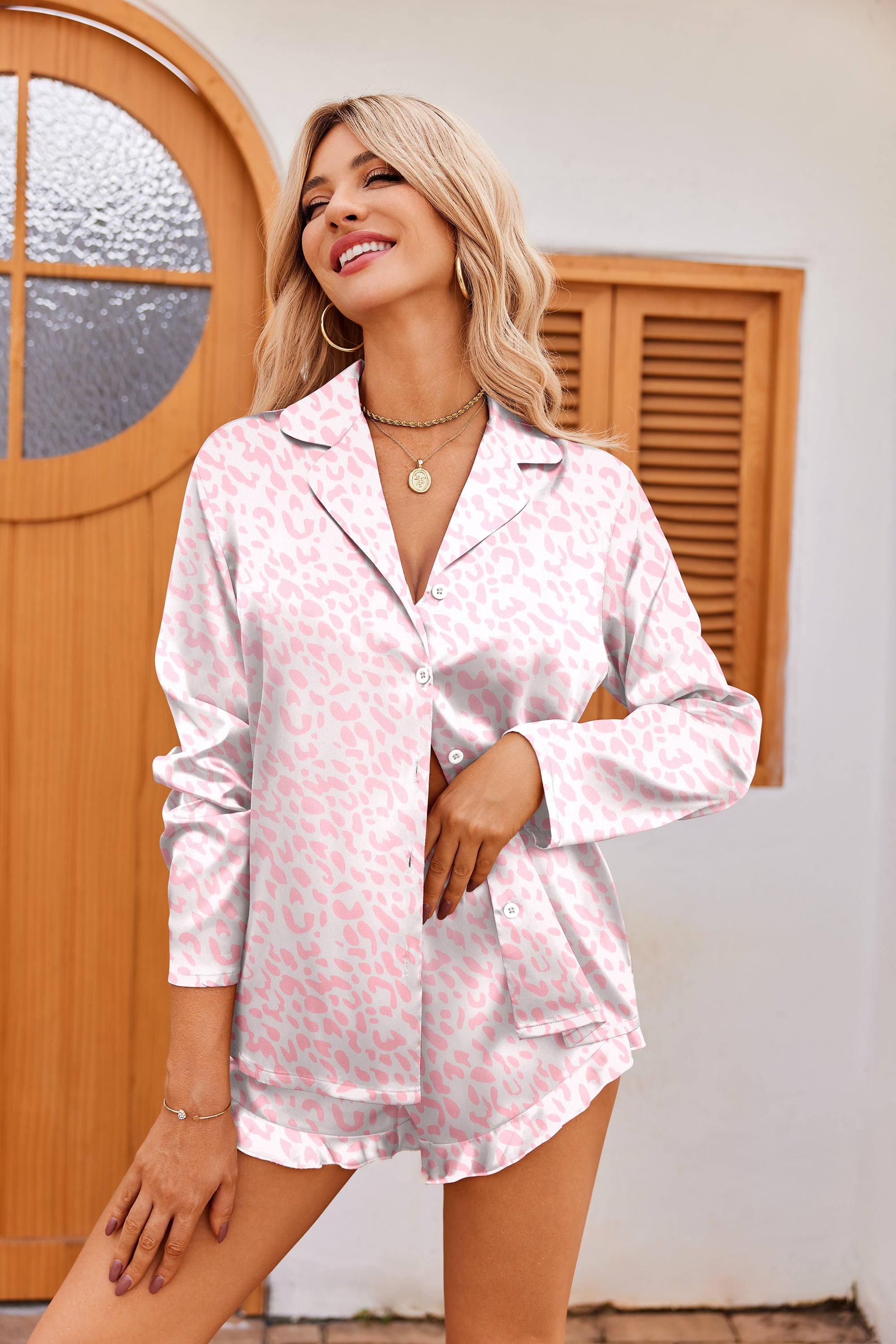 Satin Ruffled Long Sleeve Pajama Set