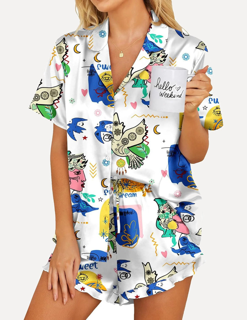 Printed Teddy Satin Pajamas Set 2 Piece Silk Pjs Shorts Set