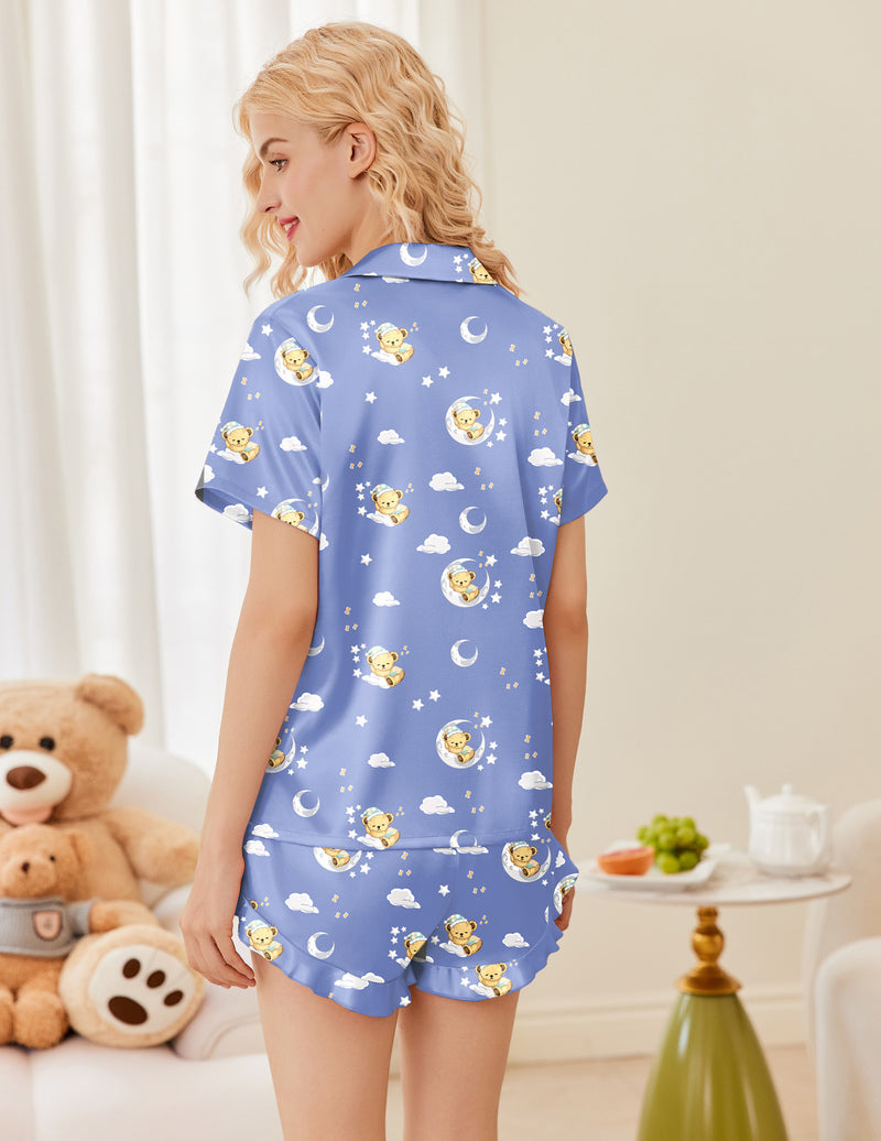 thumbnail interactive-video image 1 of Ekouaer Women's Satin Pajamas Set - Button Down Short Sleeve & Shorts With Ruffle Details 1 of 14