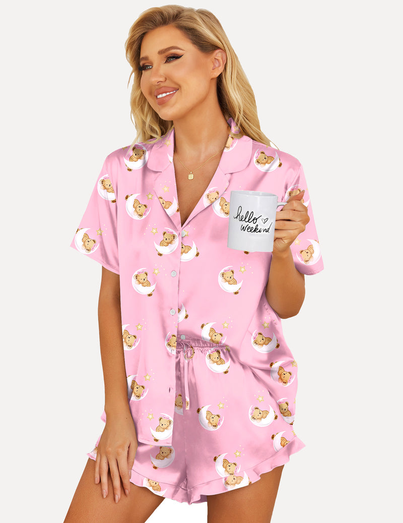 Printed Teddy Satin Pajamas Set 2 Piece Silk Pjs Shorts Set