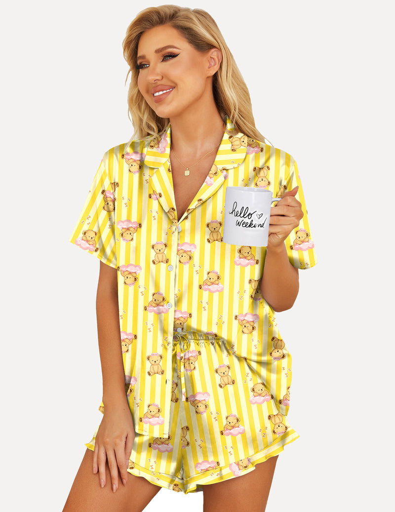 Printed Teddy Satin Pajamas Set 2 Piece Silk Pjs Shorts Set