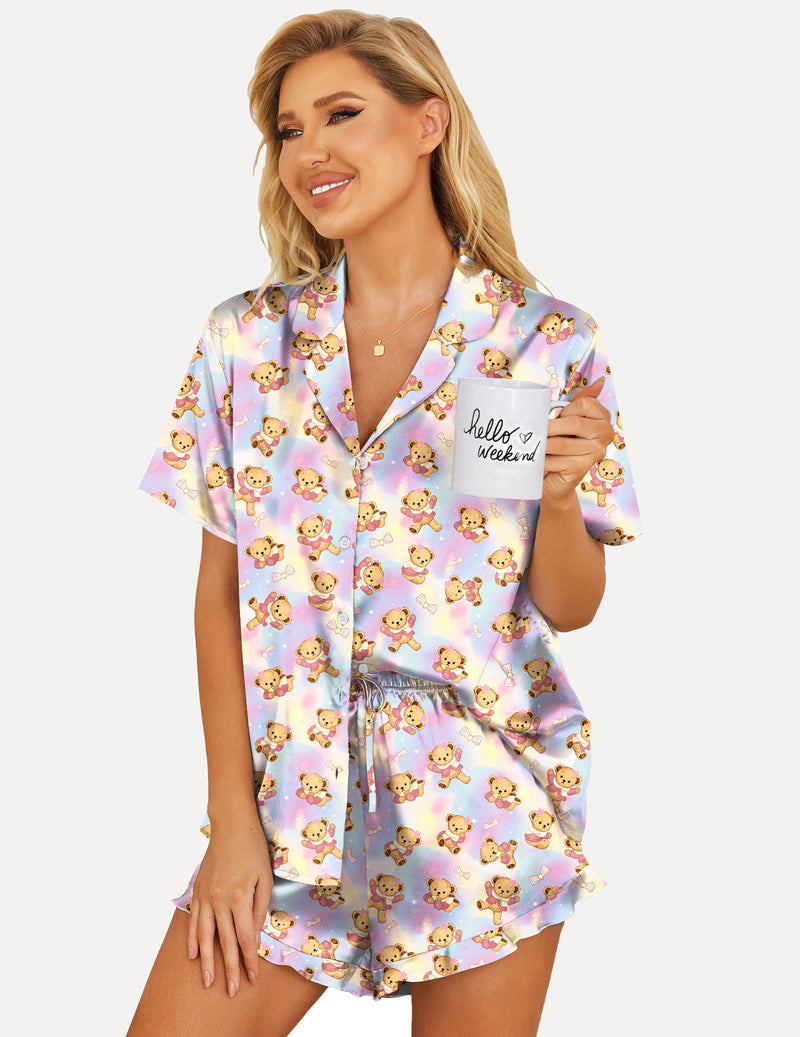 Printed Teddy Satin Pajamas Set 2 Piece Silk Pjs Shorts Set