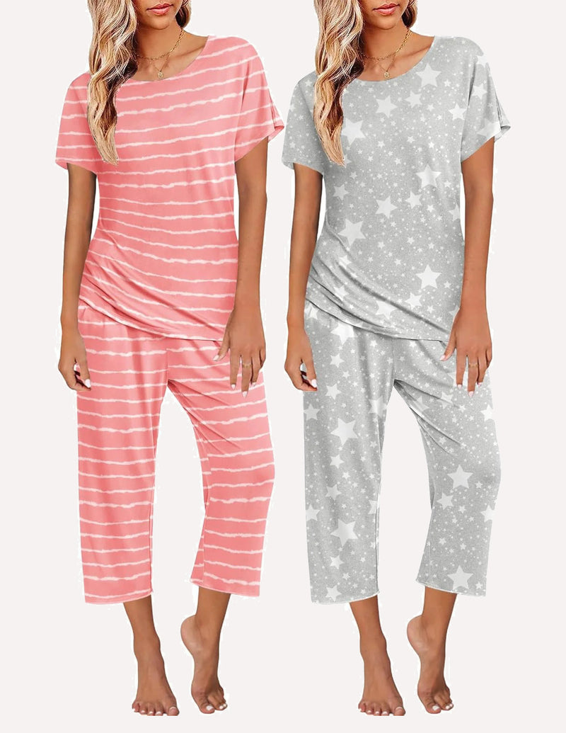 Ekouaer 2 Pack: Tops and Capri Pants Pjs Print Pajama Sets
