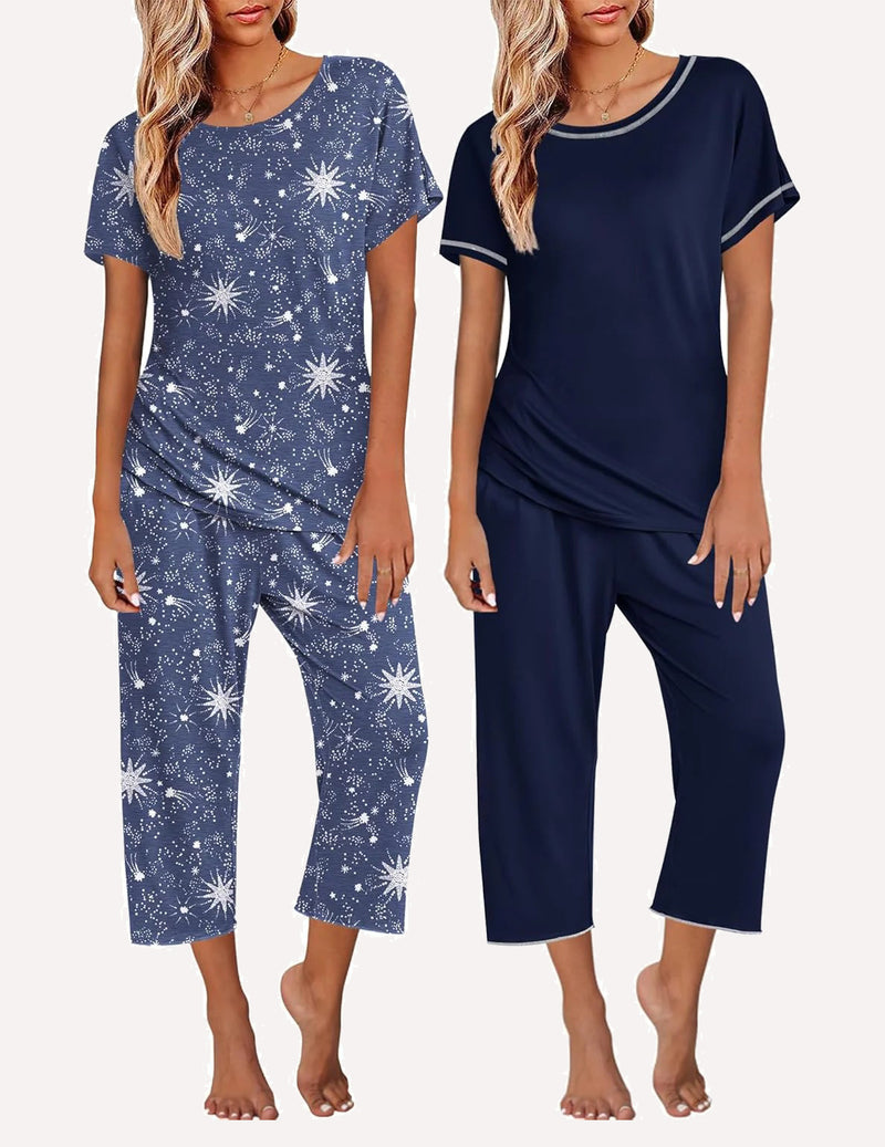 Ekouaer 2 Pack: Tops and Capri Pants Pjs Print Pajama Sets