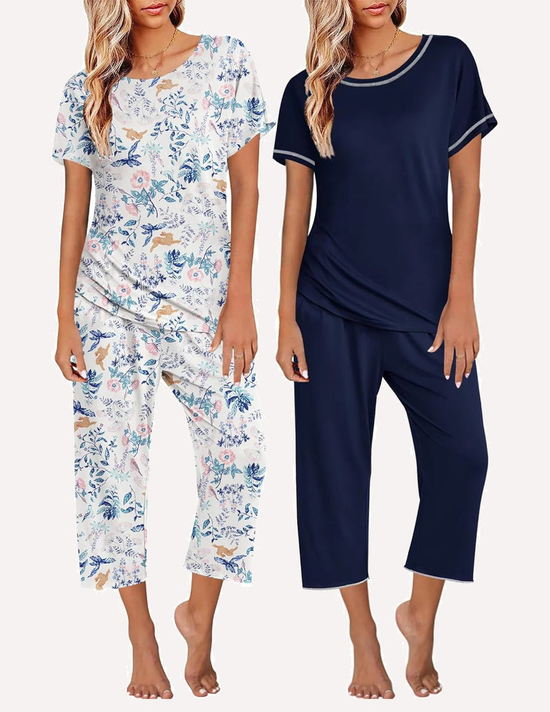 Ekouaer 2 Pack: Tops and Capri Pants Pjs Print Pajama Sets