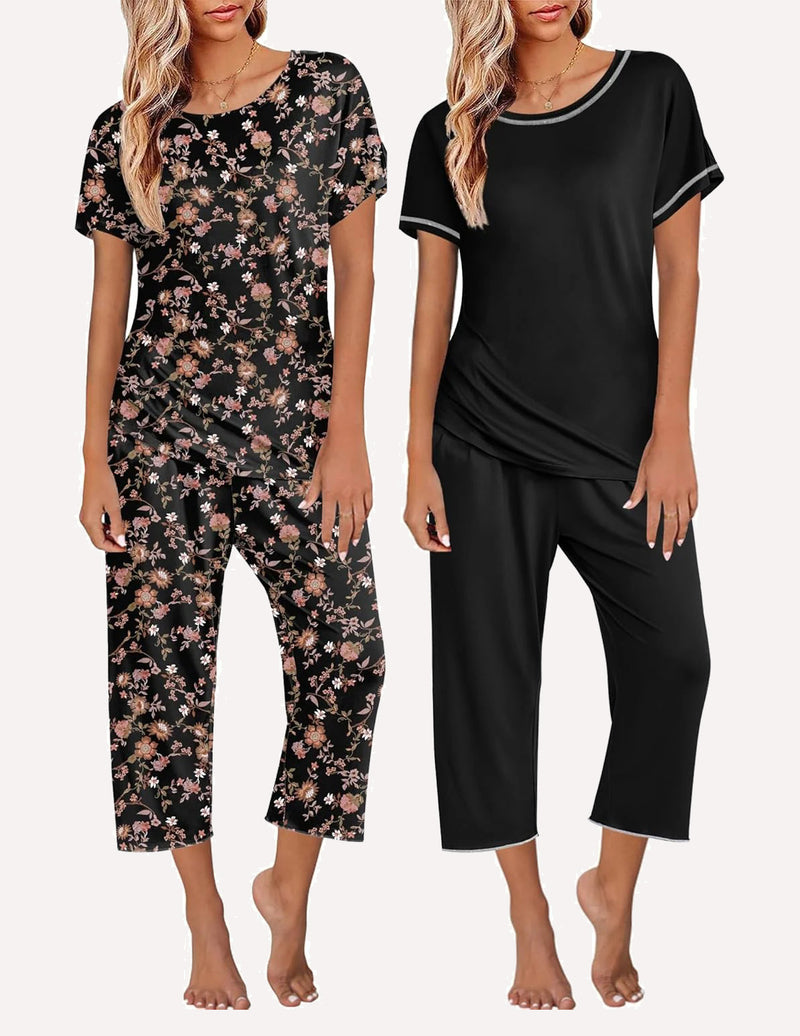 Ekouaer 2 Pack: Tops and Capri Pants Pjs Print Pajama Sets