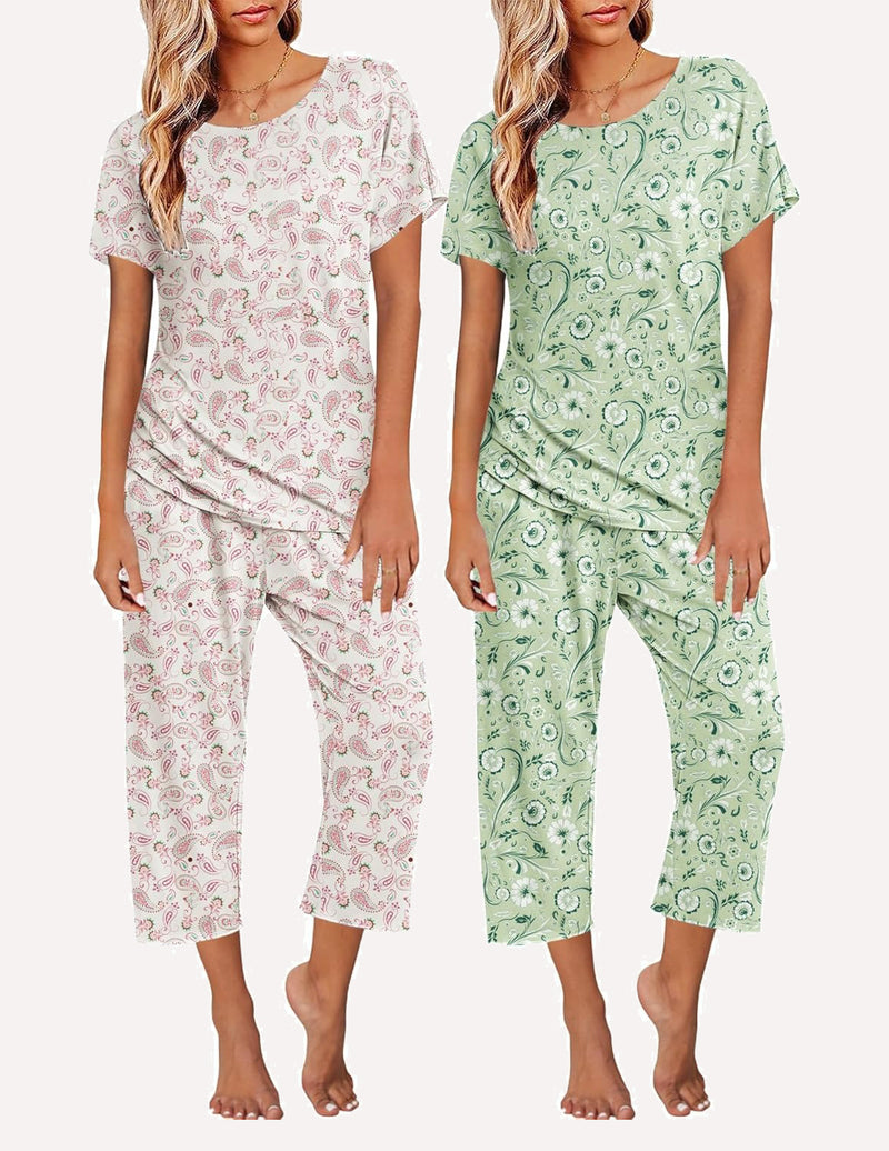 Ekouaer 2 Pack: Tops and Capri Pants Pjs Print Pajama Sets