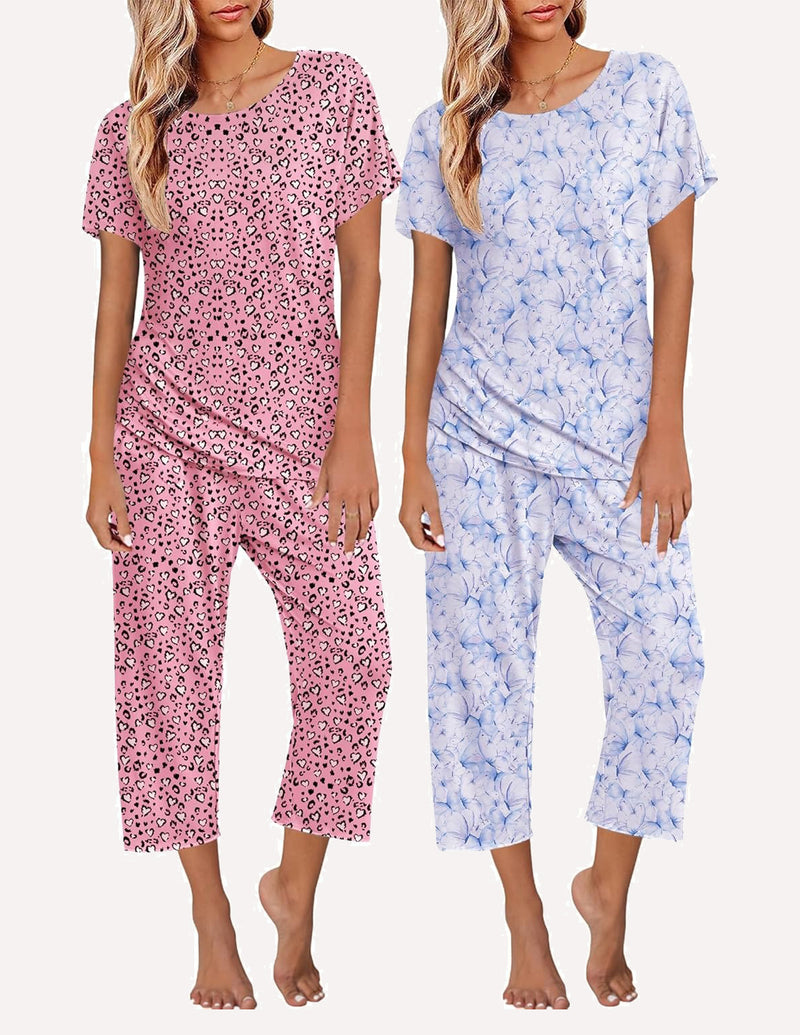 Ekouaer 2 Pack: Tops and Capri Pants Pjs Print Pajama Sets