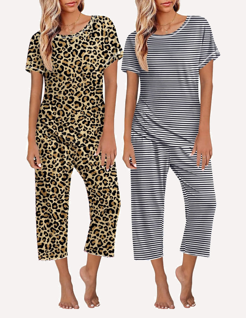 Ekouaer 2 Pack: Tops and Capri Pants Pjs Print Pajama Sets