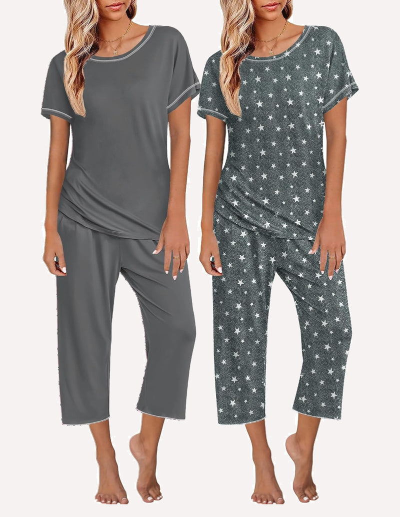 Ekouaer 2 Pack: Tops and Capri Pants Pjs Print Pajama Sets