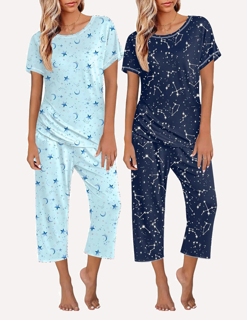 Ekouaer 2 Pack: Tops and Capri Pants Pjs Print Pajama Sets