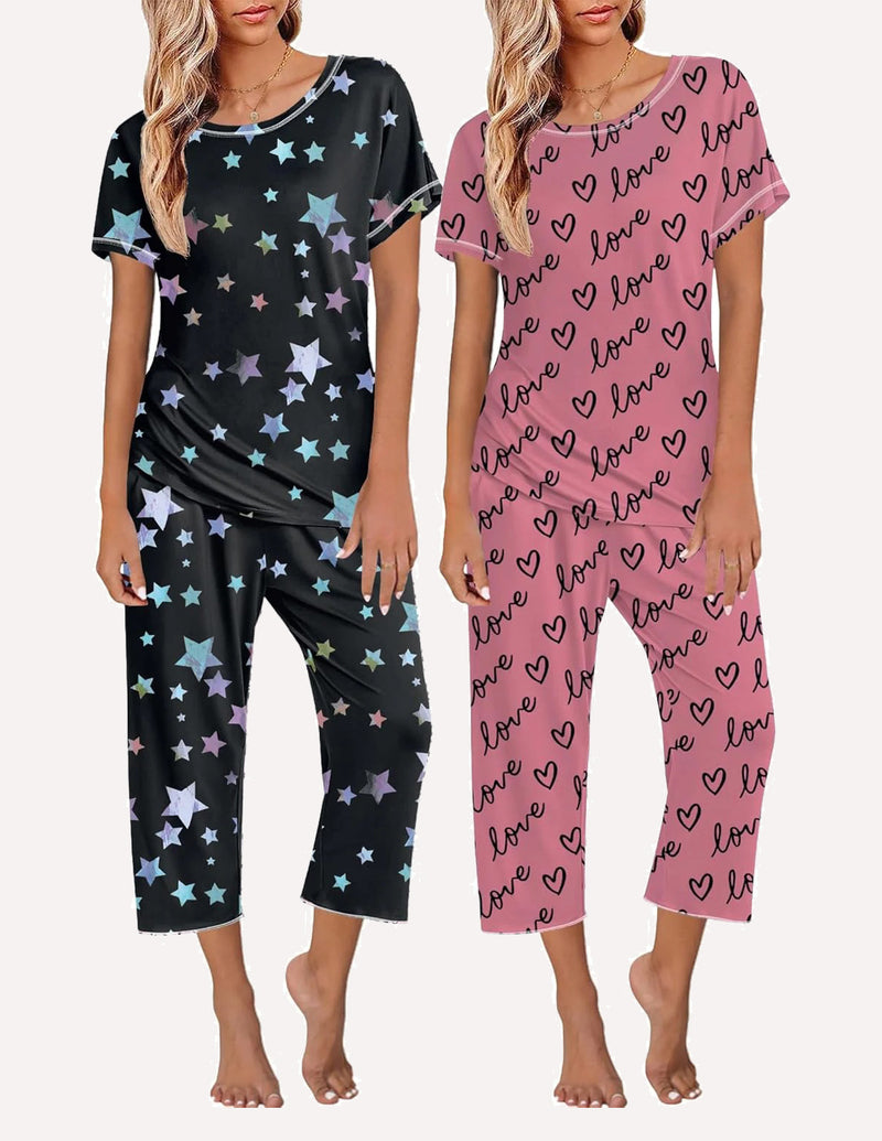 Ekouaer 2 Pack: Tops and Capri Pants Pjs Print Pajama Sets