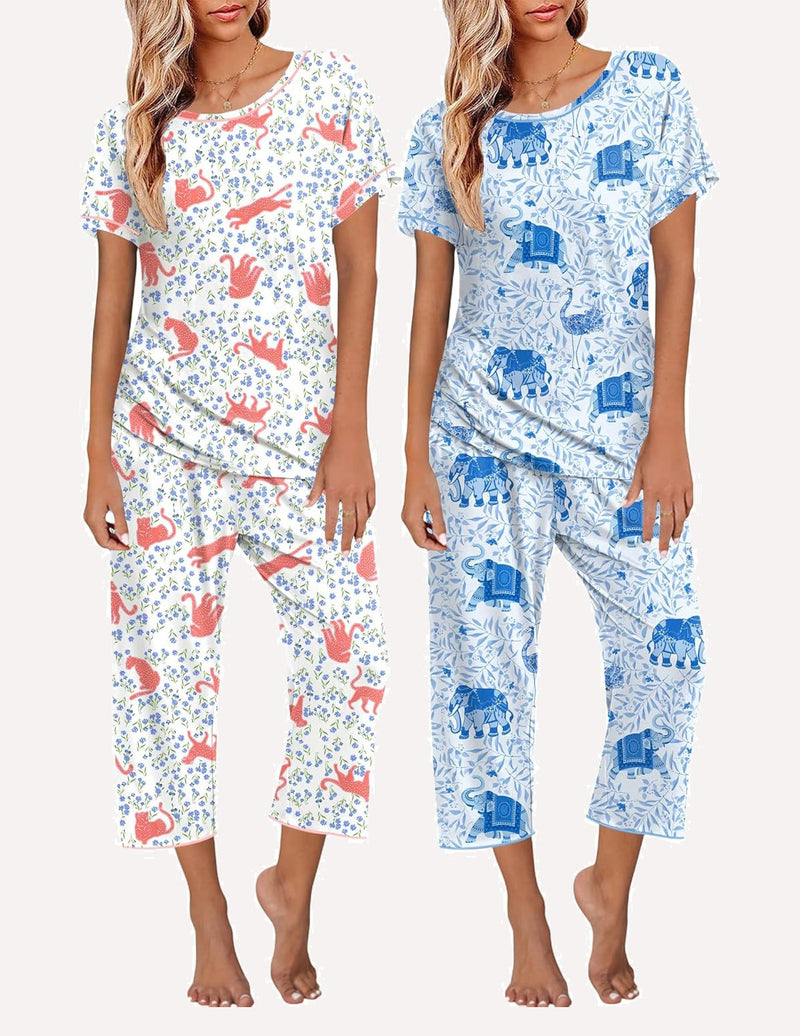 Ekouaer 2 Pack: Tops and Capri Pants Pjs Print Pajama Sets