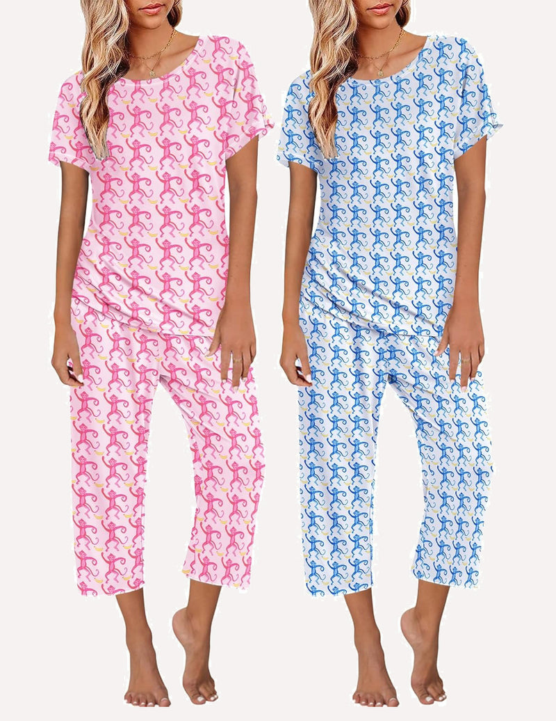 Ekouaer 2 Pack: Tops and Capri Pants Pjs Print Pajama Sets