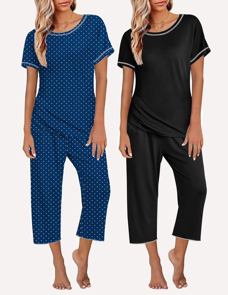 Ekouaer 2 Pack: Tops and Capri Pants Pjs Print Pajama Sets