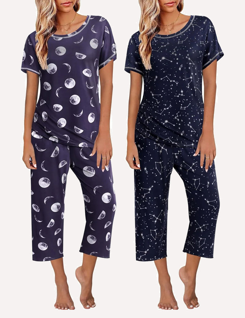 Ekouaer 2 Pack: Tops and Capri Pants Pjs Print Pajama Sets