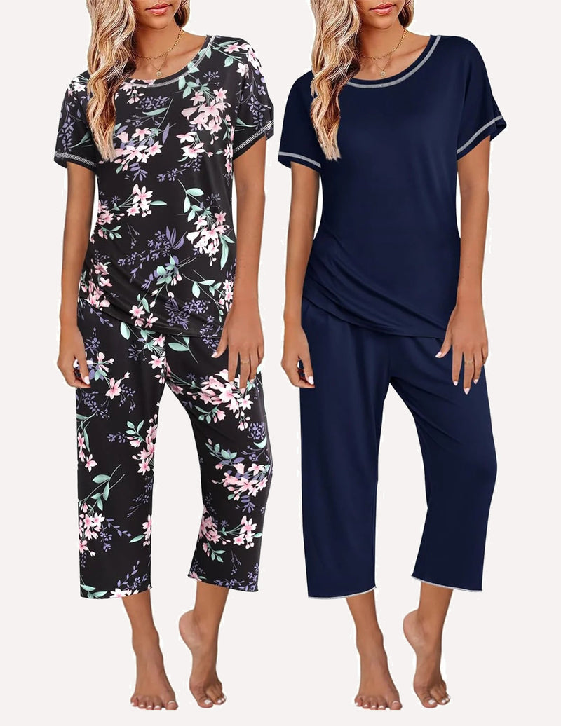 Ekouaer 2 Pack: Tops and Capri Pants Pjs Print Pajama Sets