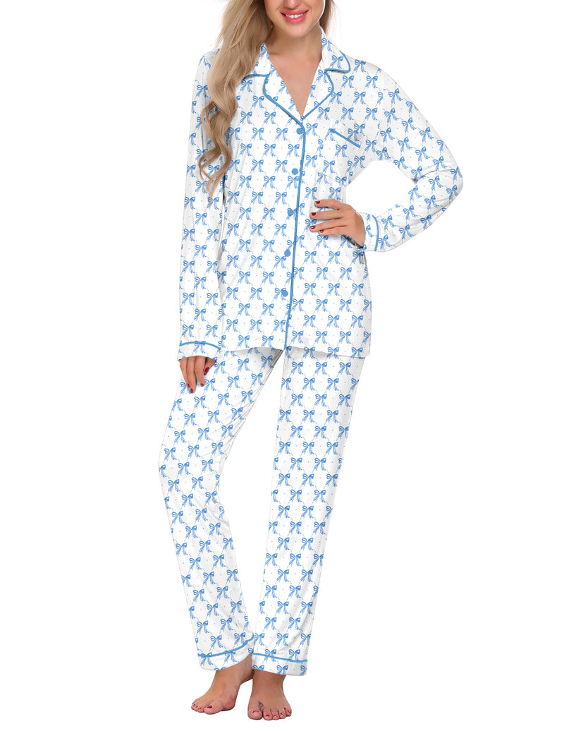 Light blue floral notch-collar long-sleeve rayon pajama set with matching pants