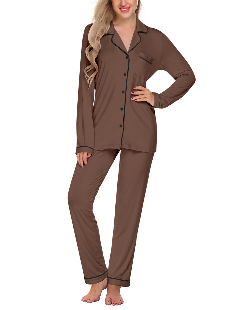 Brown long-sleeve button-down pajama set with notch collar and contrast piping