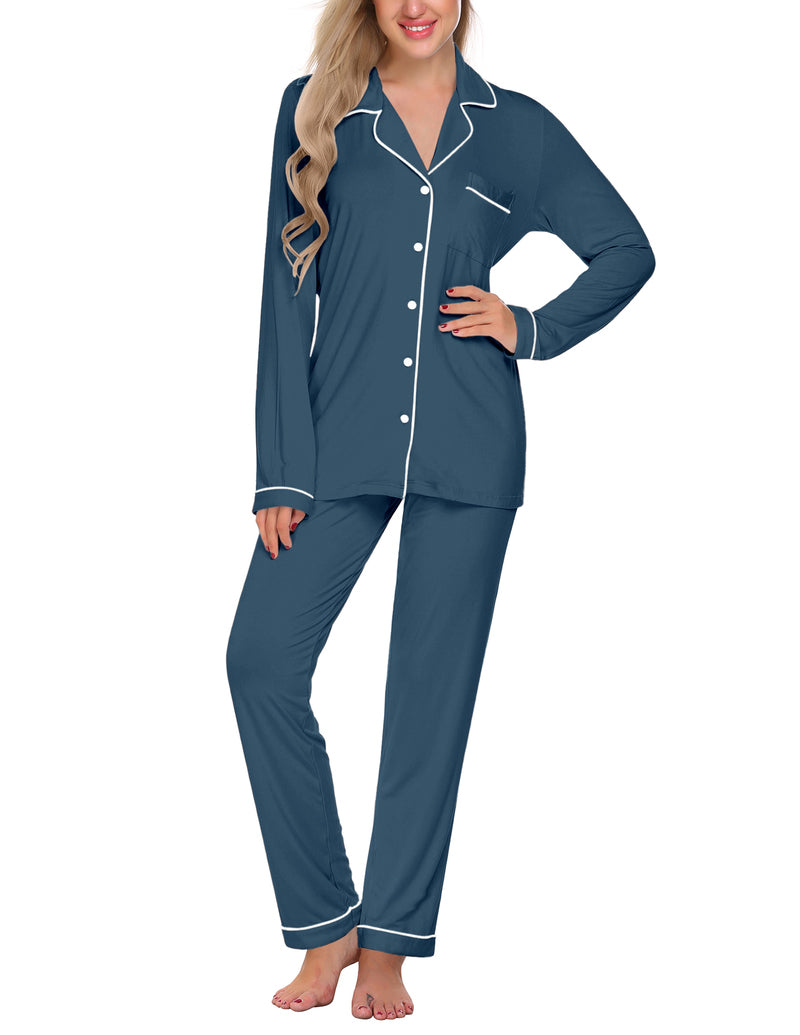 Dark blue long-sleeve button-down pajama set with notch collar and contrast piping