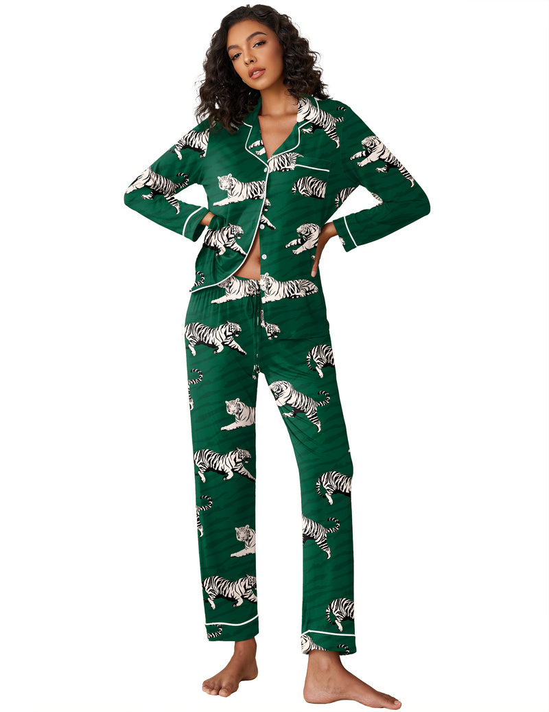 Green zebra-print notch-collar long-sleeve rayon pajama set with matching pants