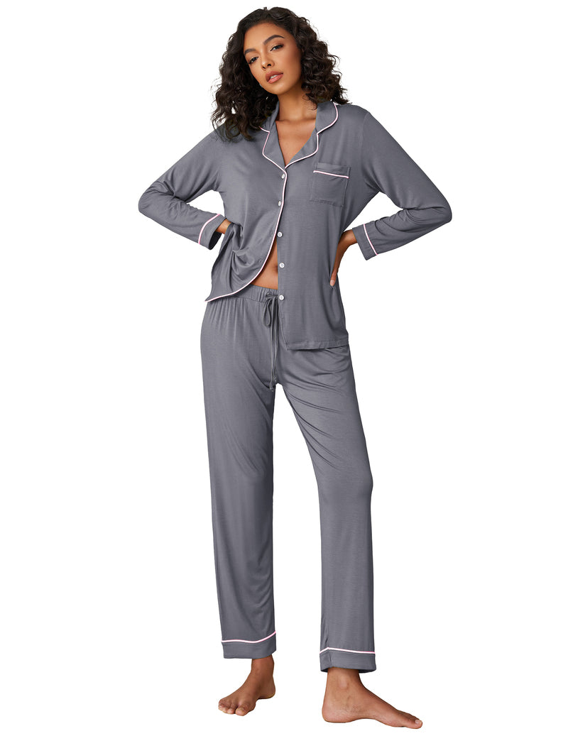 Gray long-sleeve button-down pajama set with notch collar and contrast piping