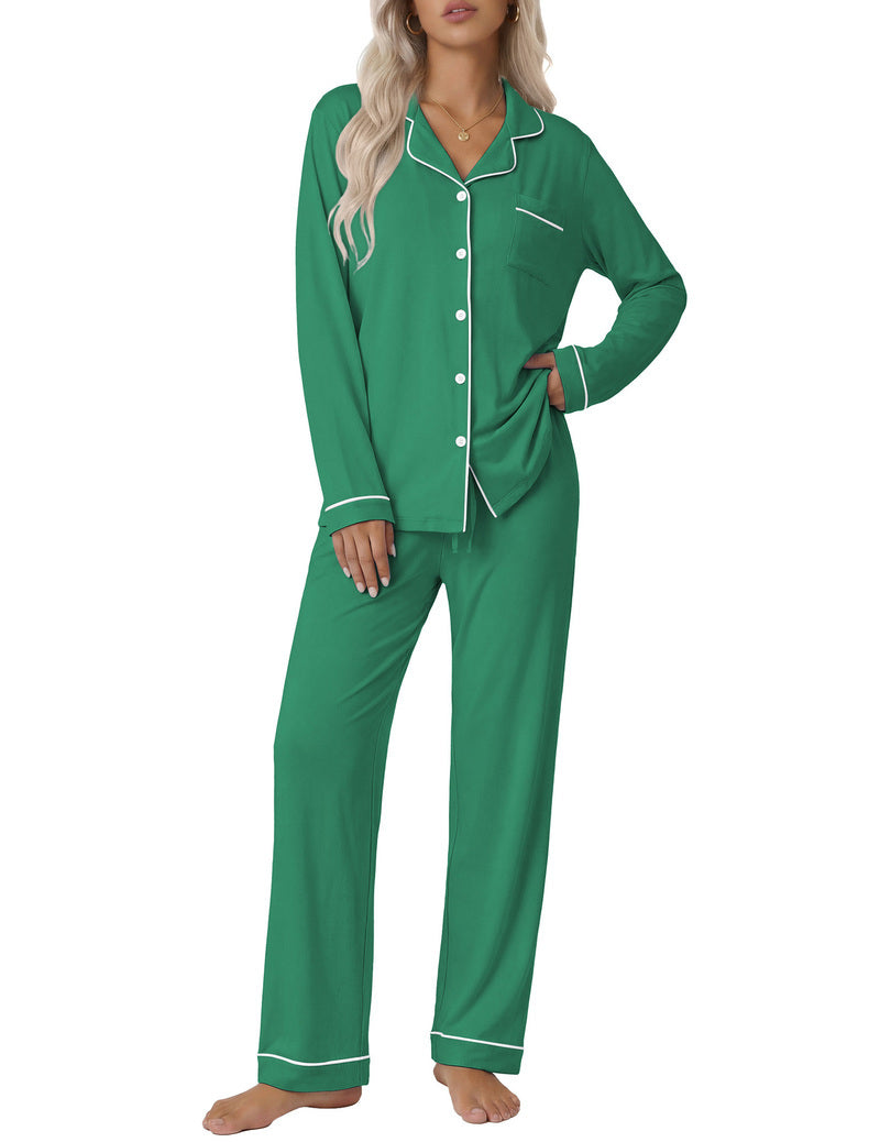 Green long-sleeve button-down pajama set with notch collar and contrast piping