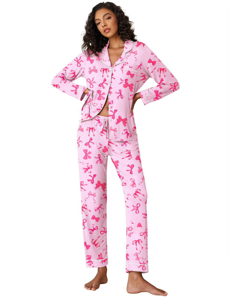 Pink bow-and-ribbon print notch-collar long-sleeve rayon pajama set with matching pants