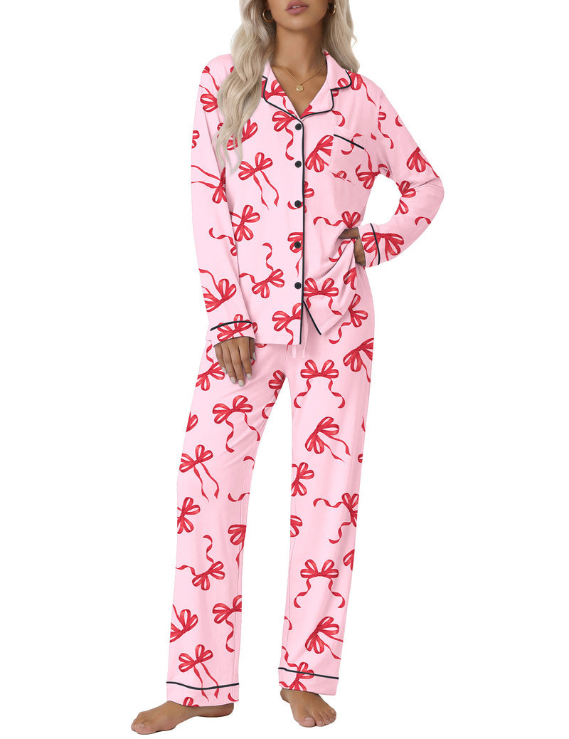 Pink bow print notch-collar long-sleeve rayon pajama set with matching pants