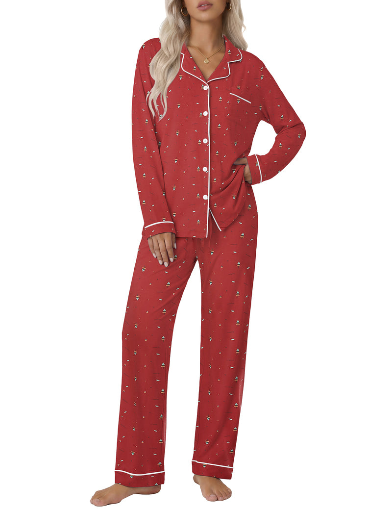 Red holiday speckle notch-collar long-sleeve rayon pajama set with matching pants