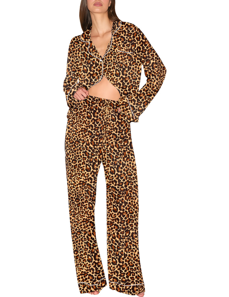 Soft Rayon Pajama Set Notch Collar Long Sleeve Loungewear Pjs Set