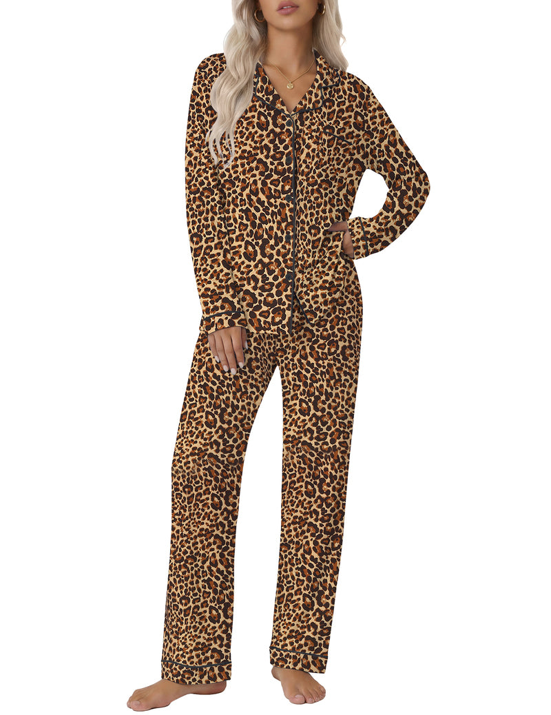 Brown leopard print notch-collar long-sleeve rayon pajama set with matching pants