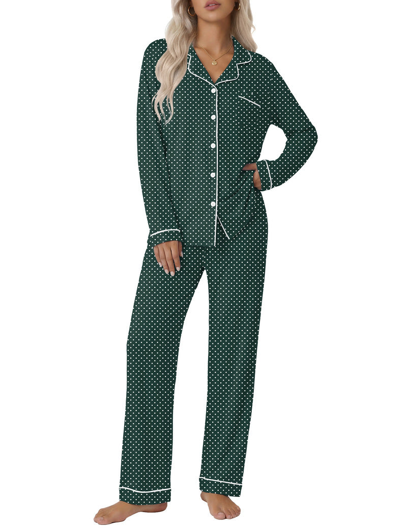 Dark green dotted notch-collar long-sleeve rayon pajama set with matching pants
