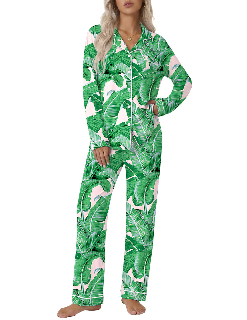 Green tropical leaf print notch-collar long-sleeve rayon pajama set with matching pants