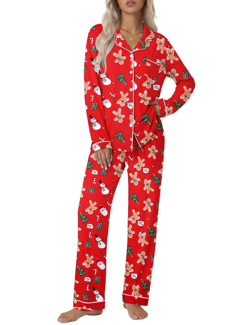 Red holiday character print notch-collar long-sleeve rayon pajama set with matching pants