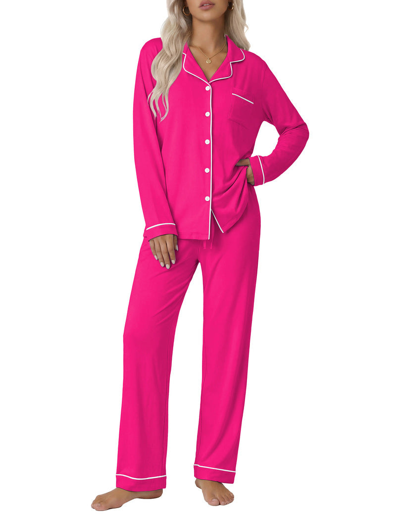 Bright pink long-sleeve button-down pajama set with notch collar and contrast piping