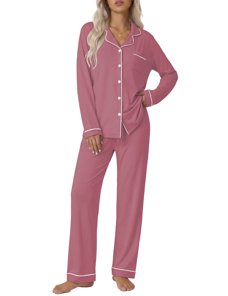 Rose red long-sleeve button-down pajama set with notch collar and contrast piping
