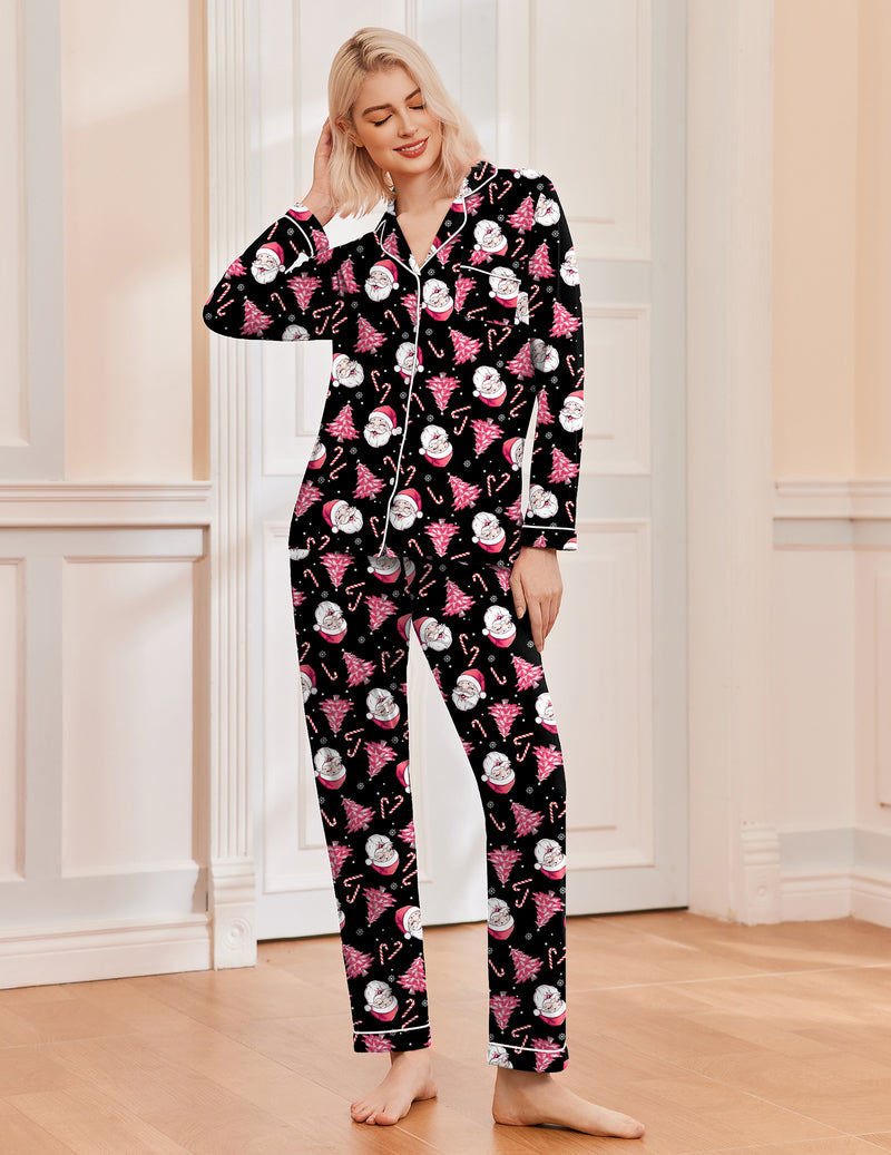 Soft Rayon Pajama Set Notch Collar Long Sleeve Loungewear Pjs Set