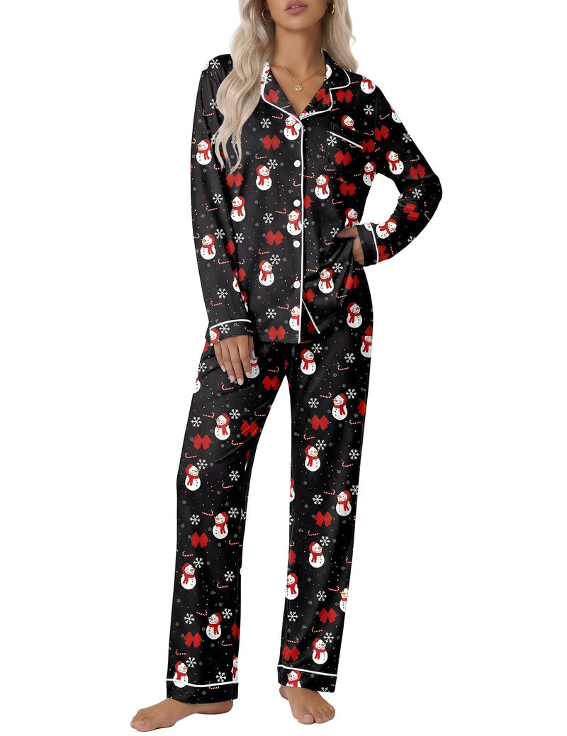 Black holiday character print notch-collar long-sleeve rayon pajama set with matching pants