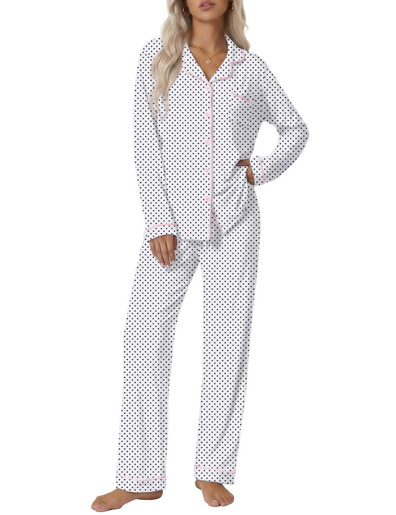 Women's white pajama set, notch-collar long sleeves and matching dot pants