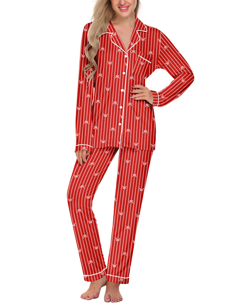 Women's red striped pajama set with notch-collar long sleeves and matching pants